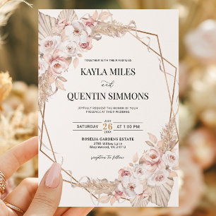 Soft Blush Pampas Grass Boho Gold Geometric Frame  Invitation