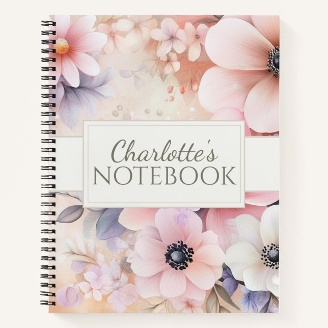 Soft Blush Pastel Watercolor Floral Illustration Notebook (Front)