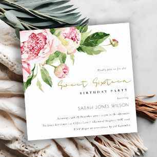 Soft Blush Peony Floral Sweet Sixteen Birthday Invitation