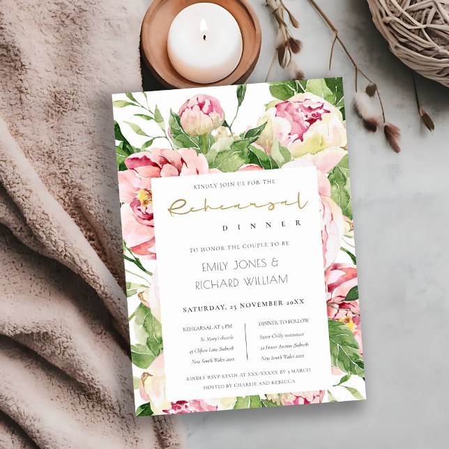 SOFT BLUSH PEONY FLORAL WATERCOLOR REHEARSAL DINER INVITATION (Creator Uploaded)