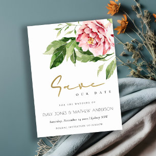 SOFT BLUSH PEONY FLORAL WATERCOLOR SAVE THE DATE ANNOUNCEMENT POSTCARD
