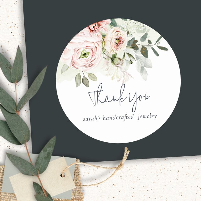 Soft Blush Peony Leafy Botanical Floral Thank You Classic Round Sticker (Creator Uploaded)