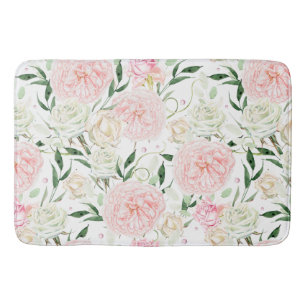 Soft Blush Peony & Rose Watercolor Floral Pattern Bath Mat