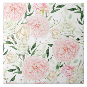 Soft Blush Peony & Rose Watercolor Floral Pattern Ceramic Tile