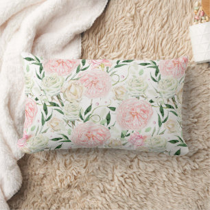 Soft Blush Peony & Rose Watercolor Floral Pattern Lumbar Cushion