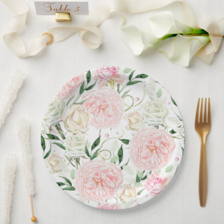 Soft Blush Peony & Rose Watercolor Floral Pattern Paper Plate