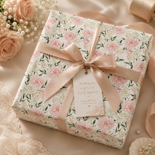 Soft Blush Peony & Rose Watercolor Floral Pattern Wrapping Paper