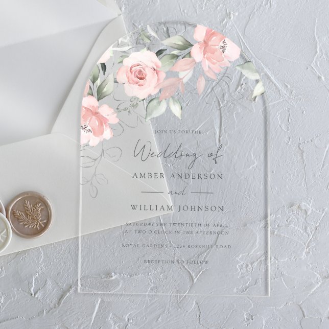 Soft Blush Pink Floral Arch Wedding Acrylic Invitations (Creator Uploaded)