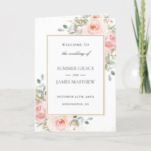 Soft Blush Pink Floral Gold Leafy Wedding Program