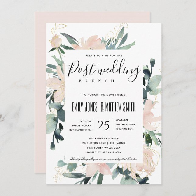 SOFT BLUSH PINK FLORAL GOLD POST WEDDING BRUNCH INVITATION (Front/Back)