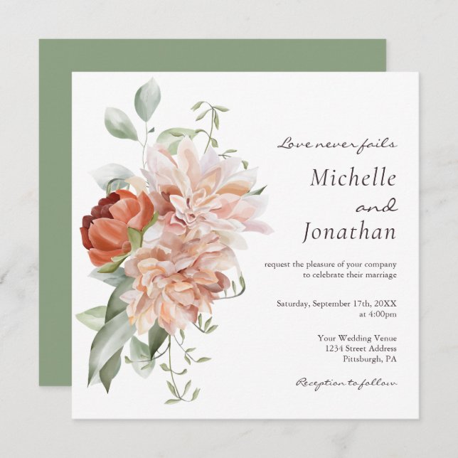 Soft Blush Pink Floral Greenery Christian Wedding Invitation (Front/Back)