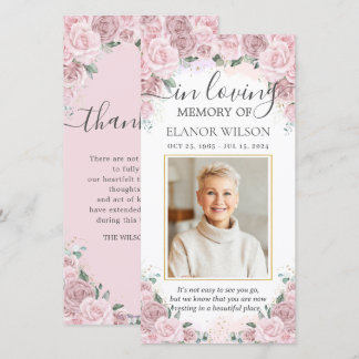 Soft Blush Pink Floral Photo Funeral Memorial Thank You Card