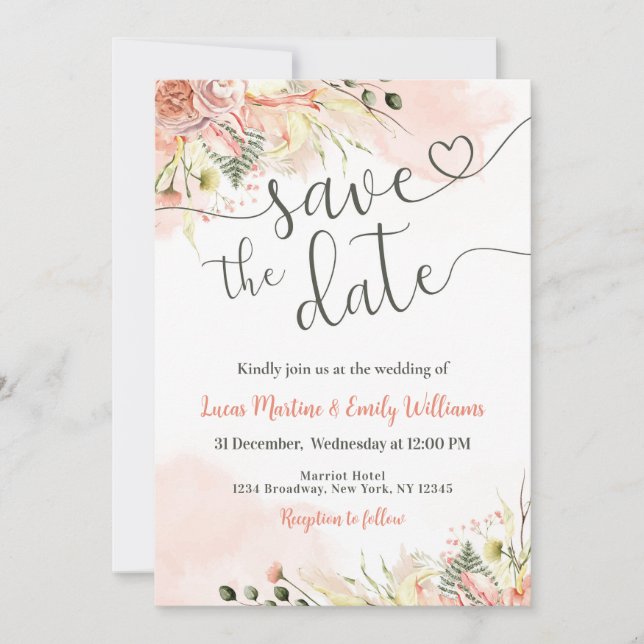 Soft Blush Pink Floral Wedding Save the Date Card (Front)