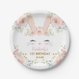 Soft Blush Pink Gold Bunny Rabbit Birthday Shower Paper Plate