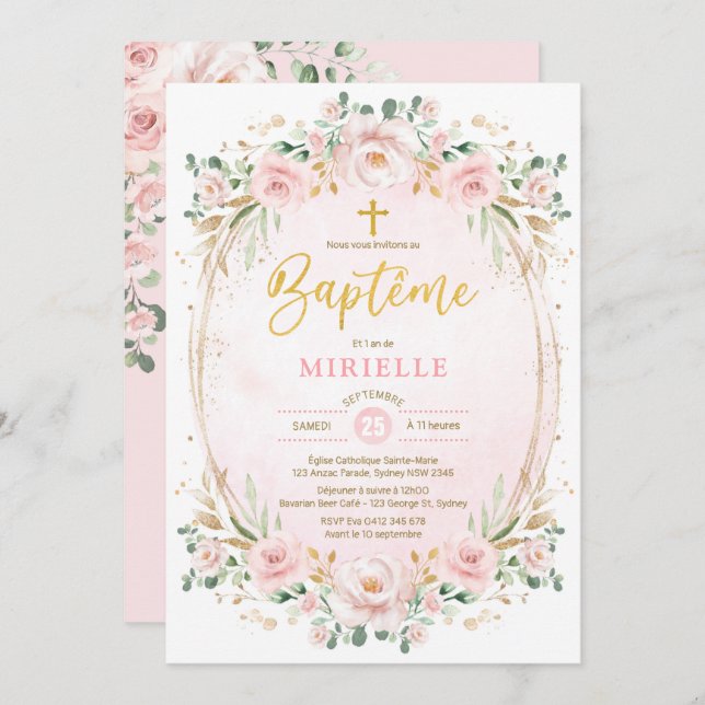 Soft Blush Pink Gold Floral Girl Baptism French Invitation (Front/Back)