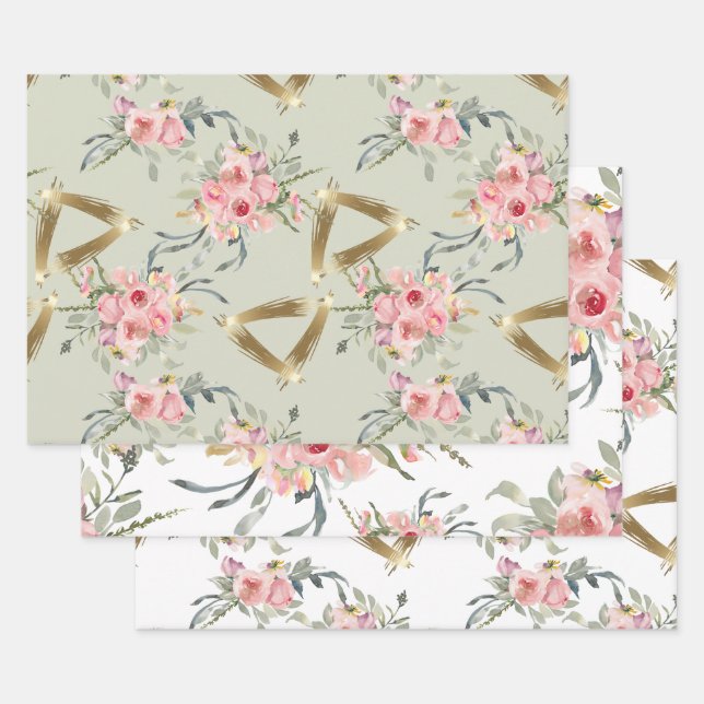 Soft Blush Pink Gold Floral Wedding Wrapping Paper Sheet (Set)