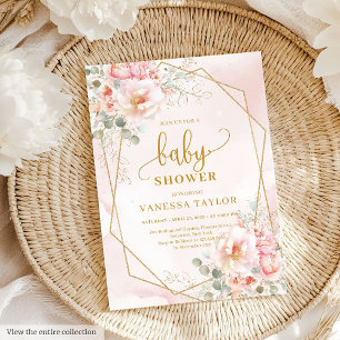 Soft blush pink gold glitter floral baby shower  invitation
