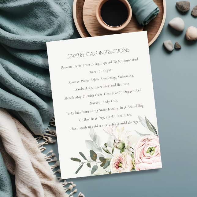 Soft Blush Pink Green Peony Floral Jewellery Care Business Card (Creator Uploaded)