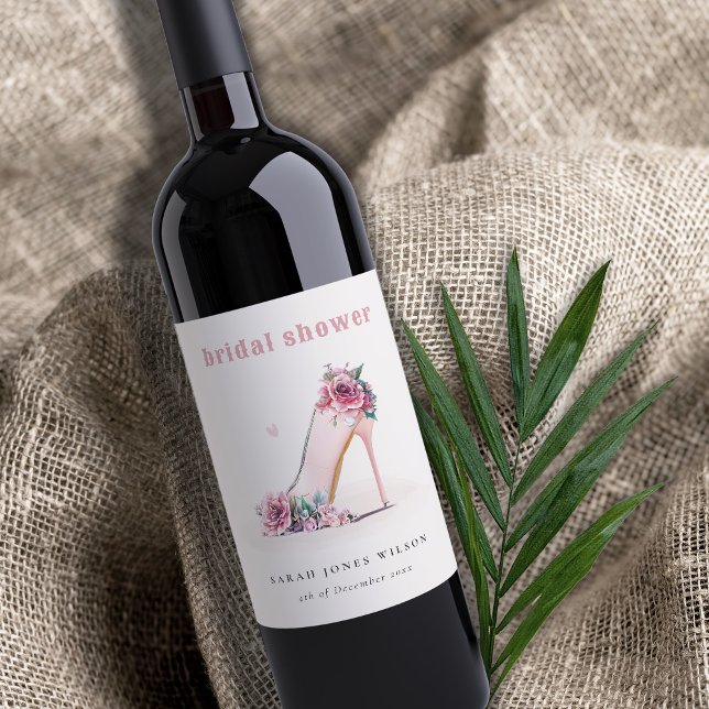 Soft Blush Pink High Heels Floral Bridal Shower Wine Label (Creator Uploaded)