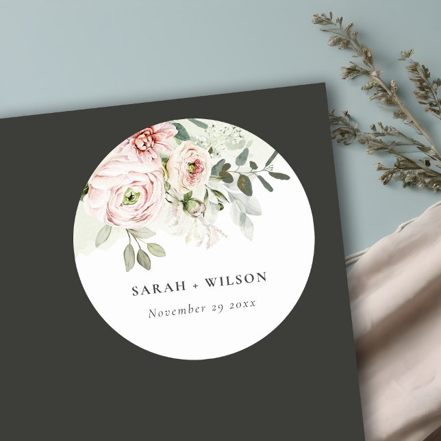 Soft Blush Pink Peonies Eucalyptus Foliage Wedding Classic Round Sticker (Creator Uploaded)