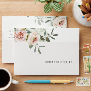 Soft Blush Pink Peonies Eucalyptus Foliage Wedding Envelope