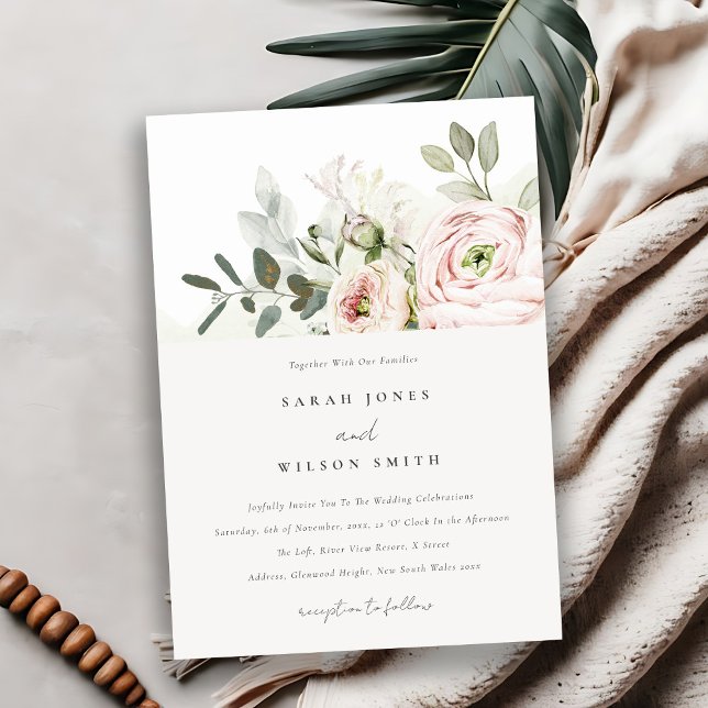 Soft Blush Pink Peonies Eucalyptus Foliage Wedding Invitation (Creator Uploaded)