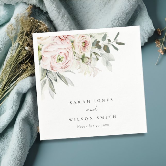 Soft Blush Pink Peonies Eucalyptus Foliage Wedding Napkin (Creator Uploaded)