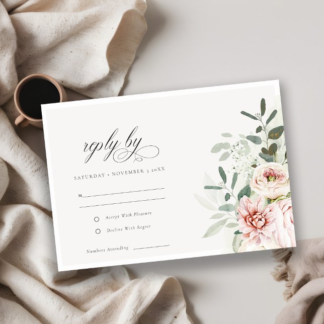 Soft Blush Pink Peonies Eucalyptus Foliage Wedding RSVP Card (Creator Uploaded)