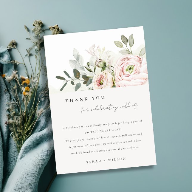 Soft Blush Pink Peonies Eucalyptus Foliage Wedding Thank You Card (Creator Uploaded)