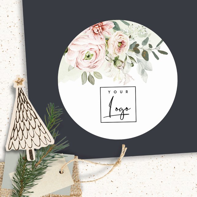 Soft Blush Pink Peony Leafy Botanical Floral Logo Classic Round Sticker (Creator Uploaded)