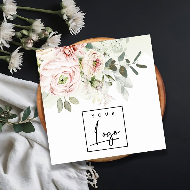 Soft Blush Pink Peony Leafy Botanical Floral Logo Square Business Card (Creator Uploaded)
