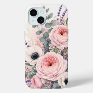 Soft Blush Pink Peony & White Anemone Watercolor iPhone 15 Case