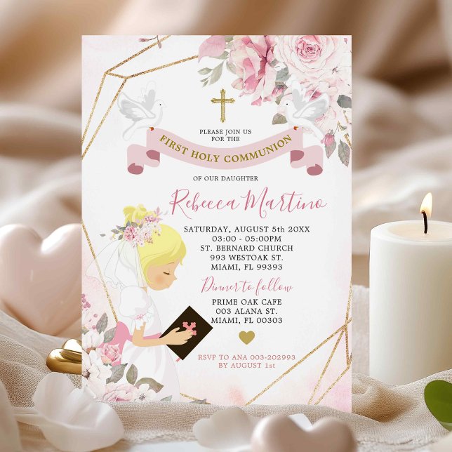 Soft Blush Pink Rose Blonde Girl First Communion Invitation (Creator Uploaded)