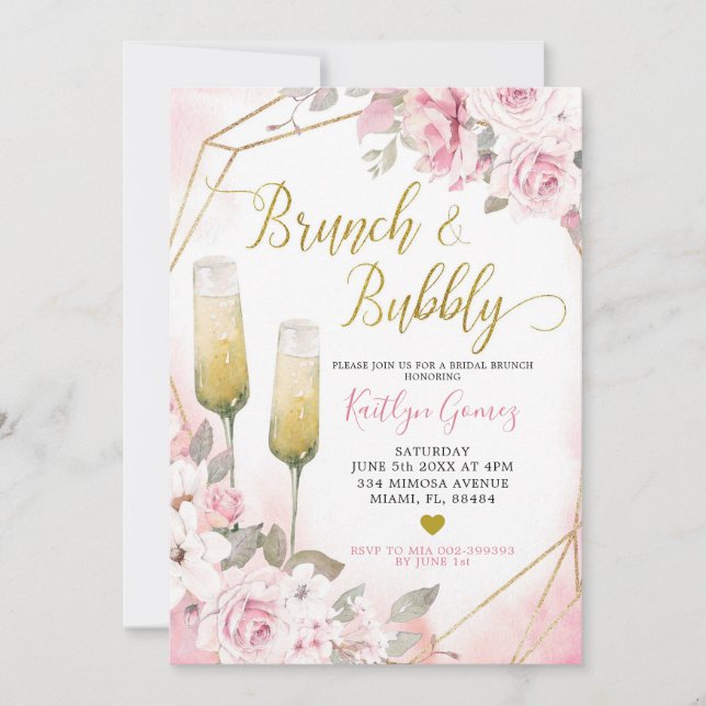 Soft Blush Pink Rose Brunch and Bubbly Invitation (Front)