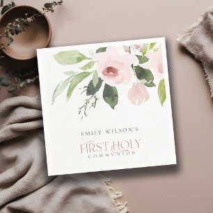 SOFT BLUSH PINK ROSE FLORAL FIRST HOLY COMMUNION NAPKIN