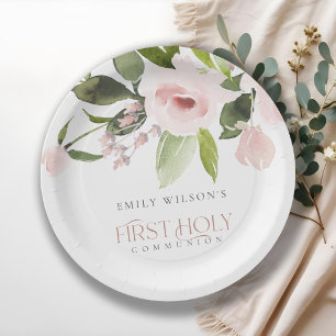 SOFT BLUSH PINK ROSE FLORAL FIRST HOLY COMMUNION PAPER PLATE