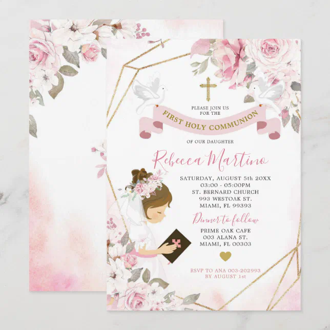 Soft Blush Pink Rose Girl First Holy Communion Invitation | Zazzle
