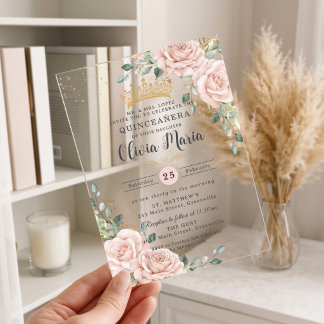 Soft Blush Pink Roses Floral Gold Quinceanera Acrylic Invitations