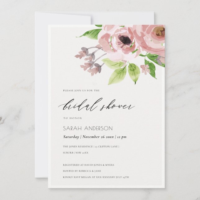 SOFT BLUSH PINK WATERCOLOUR FLORAL BRIDAL SHOWER INVITATION (Front)