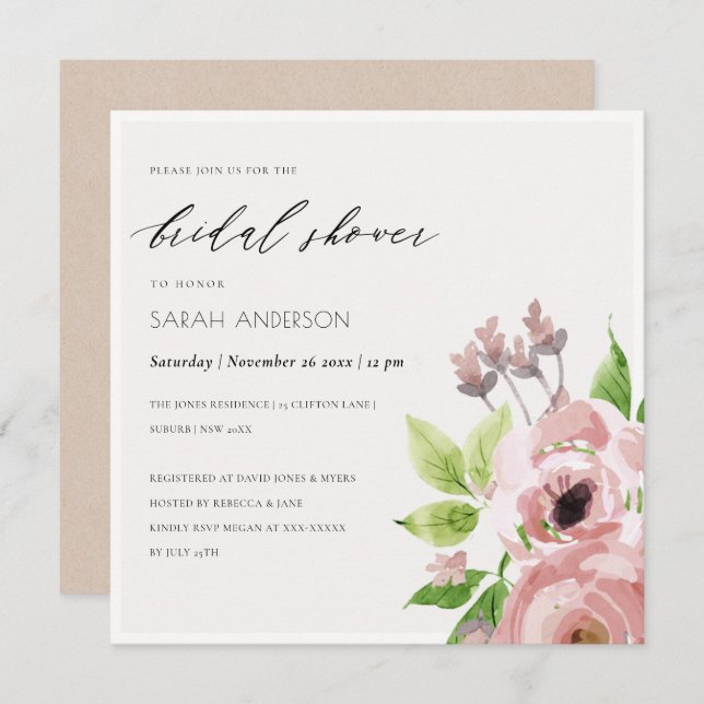 SOFT BLUSH PINK WATERCOLOUR FLORAL BRIDAL SHOWER INVITATION (Front/Back)