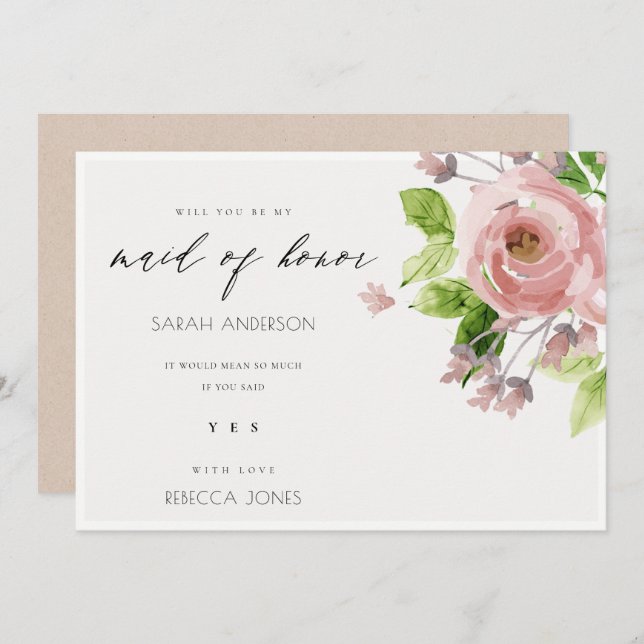 SOFT BLUSH PINK WATERCOLOUR FLORAL MAID OF HONOUR INVITATION (Front/Back)