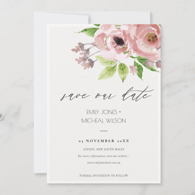 SOFT BLUSH PINK WATERCOLOUR FLORAL SAVE THE DATE (Front)