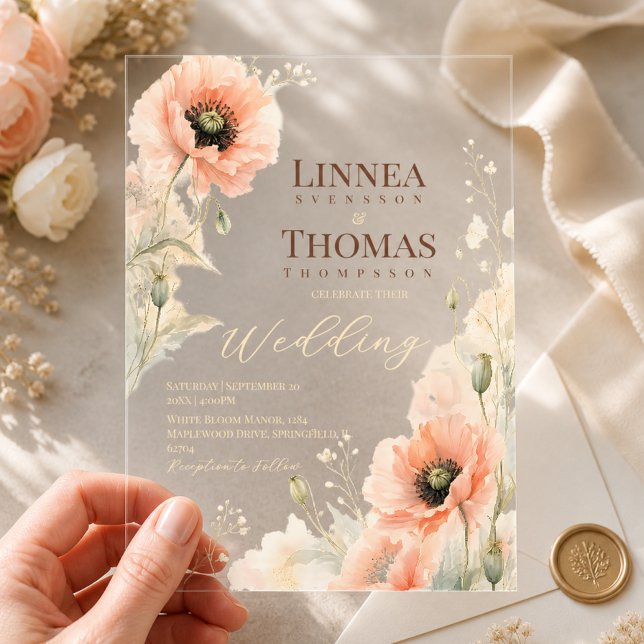 Soft Blush Poppy Elegant Editorial Wedding Acrylic Invitations (Creator Uploaded)