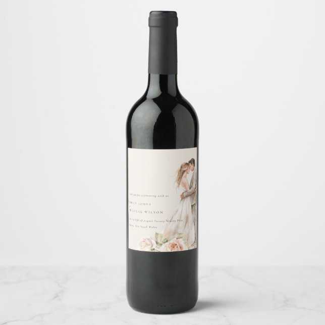 Soft Blush Rose Floral Couple Botanical Wedding Wine Label (Front)