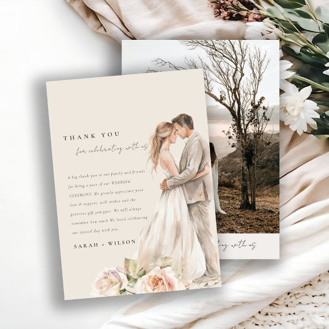 Soft Blush Rose Floral Couple Photo Wedding Thank You Card (Creator Uploaded)