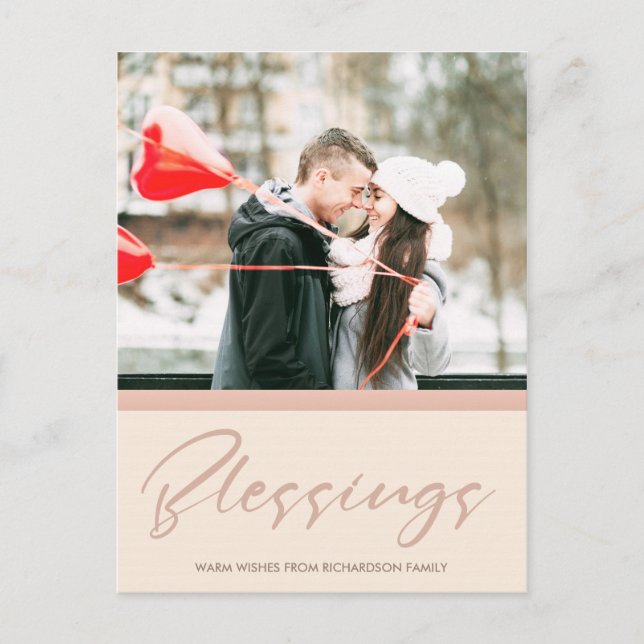 SOFT BLUSH ROSE PINK CHRISTMAS BLESSINGS PHOTO HOLIDAY POSTCARD (Front)