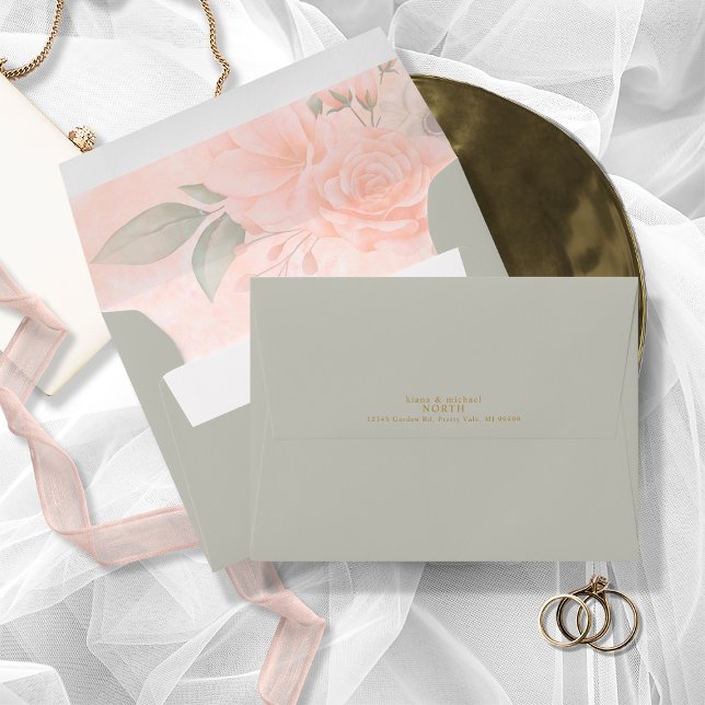 Soft Blush Roses Wedding Sage Green ID828 Envelope (Interior/Back In Situ)