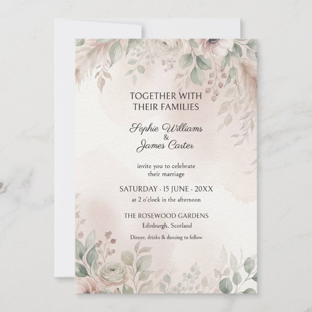 Soft Blush Sage Leaf Wedding Invitation (Front)