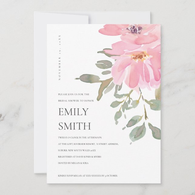 SOFT BLUSH WATERCOLOR FLORAL BRIDAL SHOWER INVITE (Front)