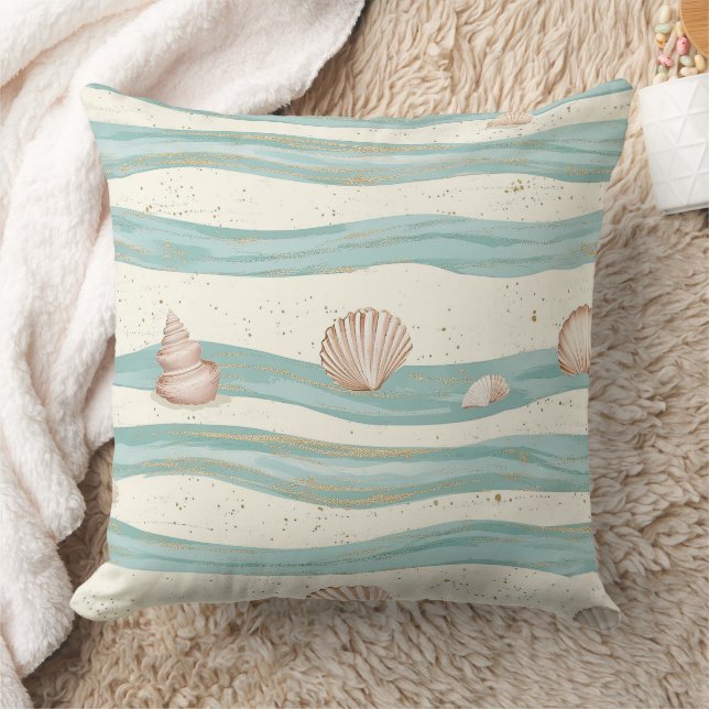 Soft Boho Beach Waves Seashell - Coastal Serenity Cushion (Blanket)